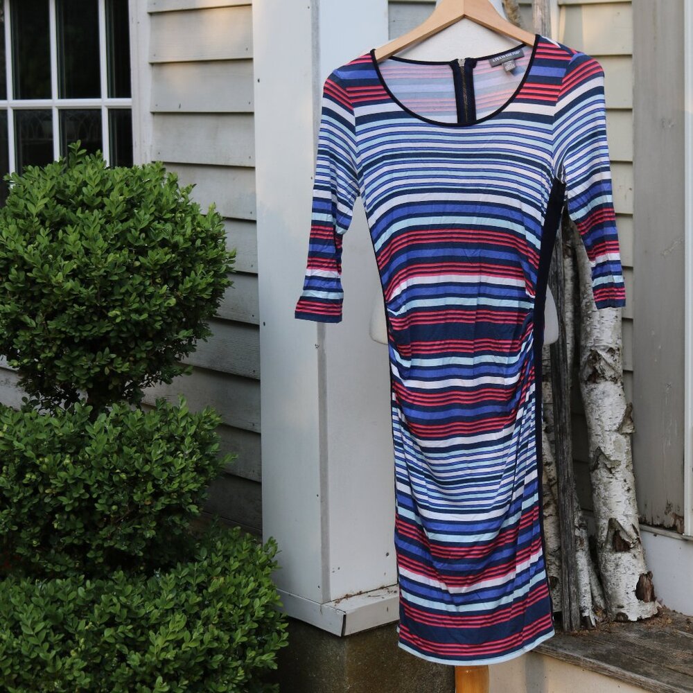 Pea in the Pod Knit Red White Blue Stripe Ruched Sides Exposed Back Zipper Dress